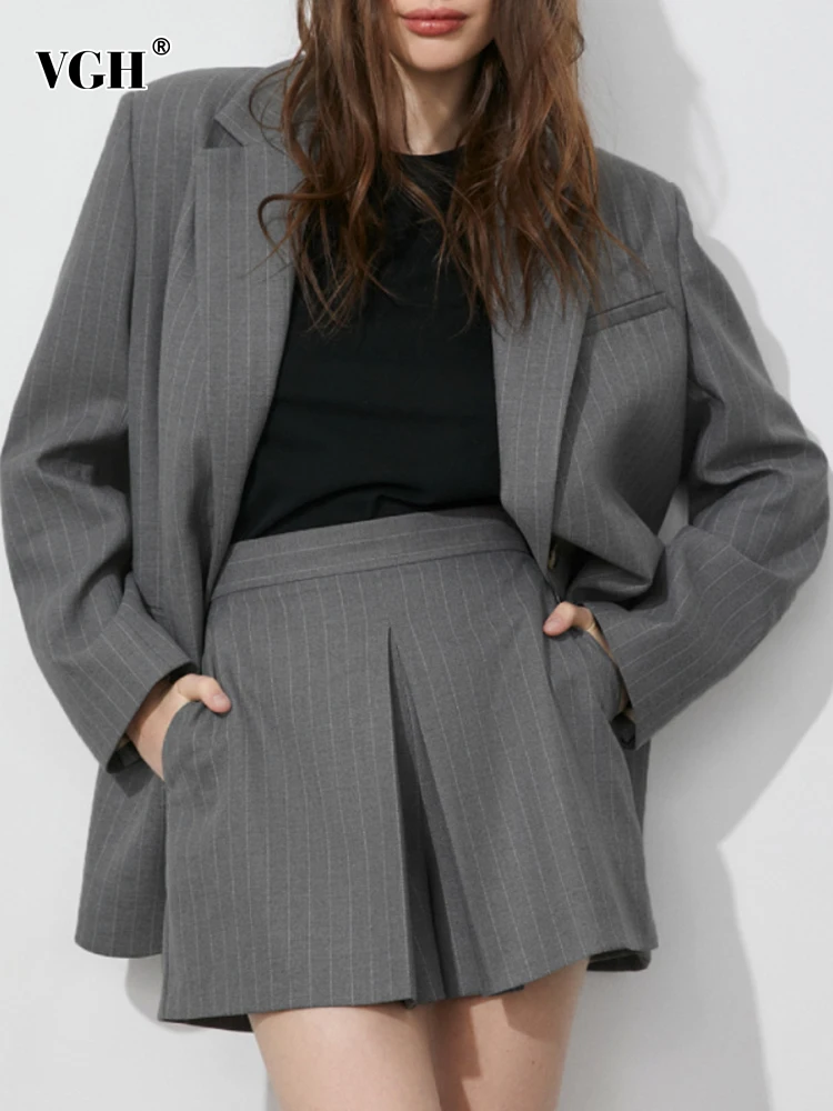 

VGH Minimalist Striped Two Piece Sets For Women Notched Collar Long Sleeve Blazers High Waist Shorts Casual Set Female Fashion