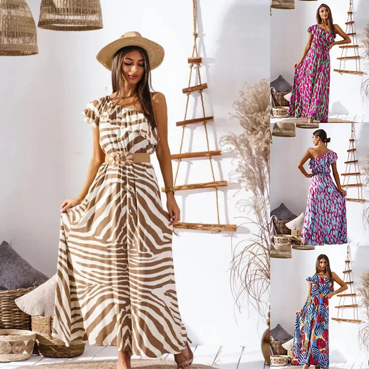 

2023 Summer New Waist Off Shoulder Print Long Casual Dress Women