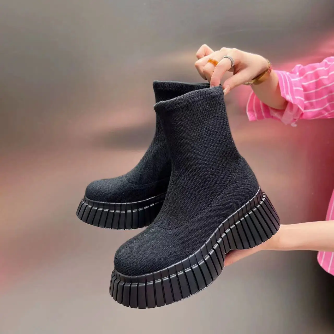Женские вязаные короткие ботинки повседневные ботильоны на толстой подошве