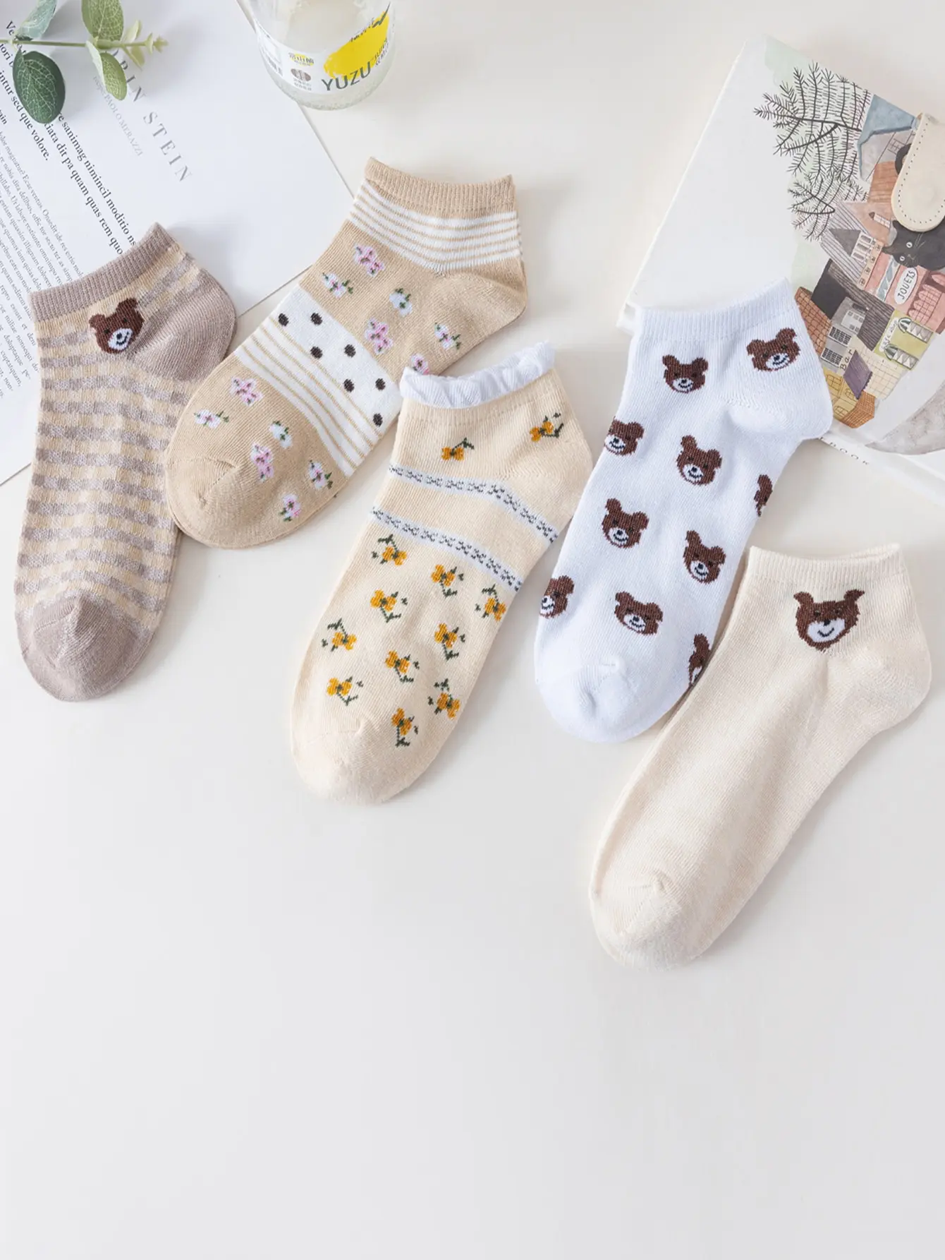 5 Pairs Women Low Tube Socks Set Cute Bear Pattern Fashion Breathable For Female Casual Style Comfortable Socks