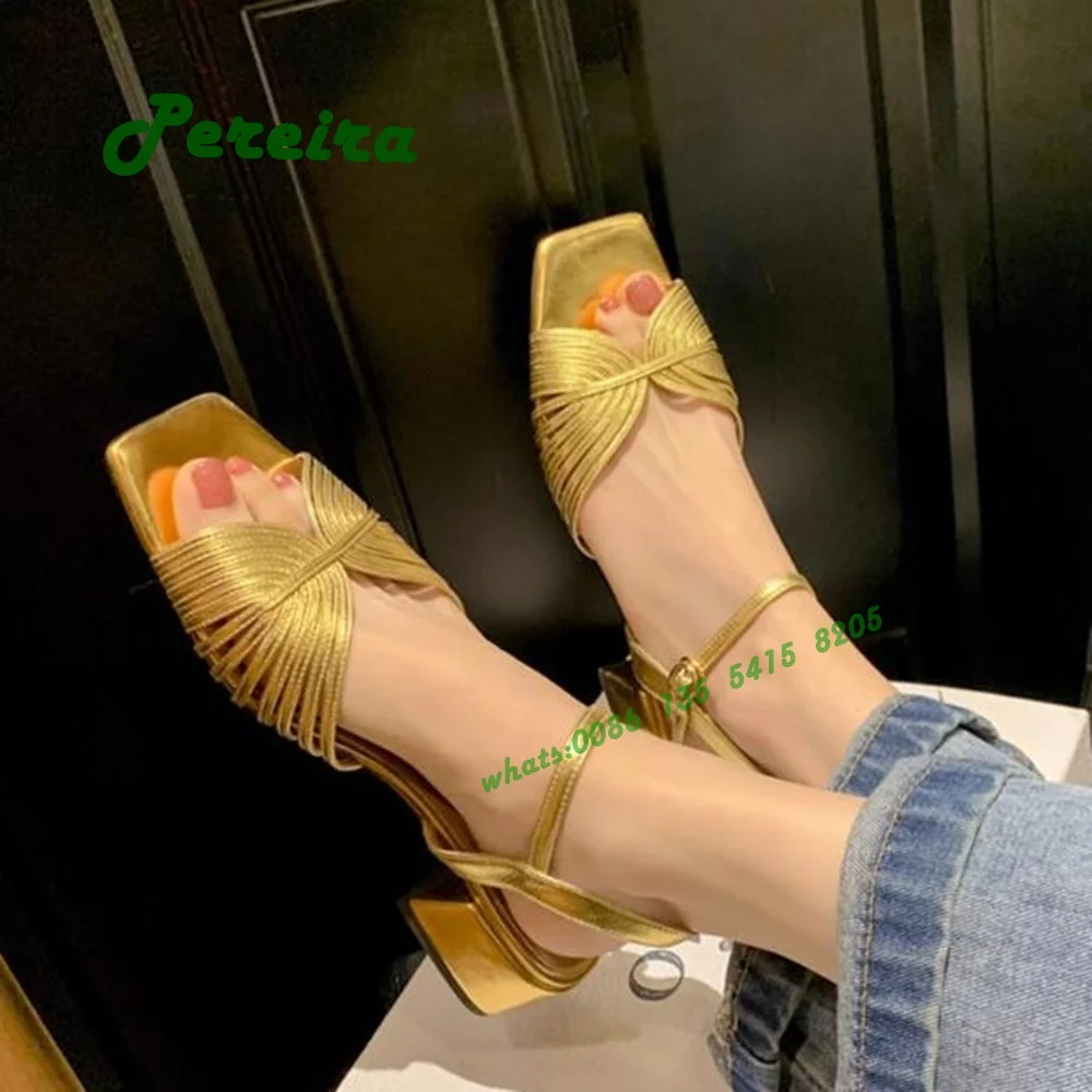 

Босоножки женские кожаные на Высоком толстом каблуке, Вязаные сандалии из воловьей кожи с открытым носком, пикантные туфли с тонким ремешком, цвет под золото, лето