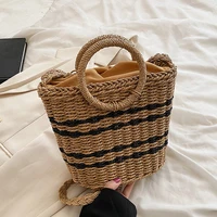 round handle small straw beach bag fashion handmade woven raffia rattan shoulder bags bohemian 2022 summer vacation casual tot