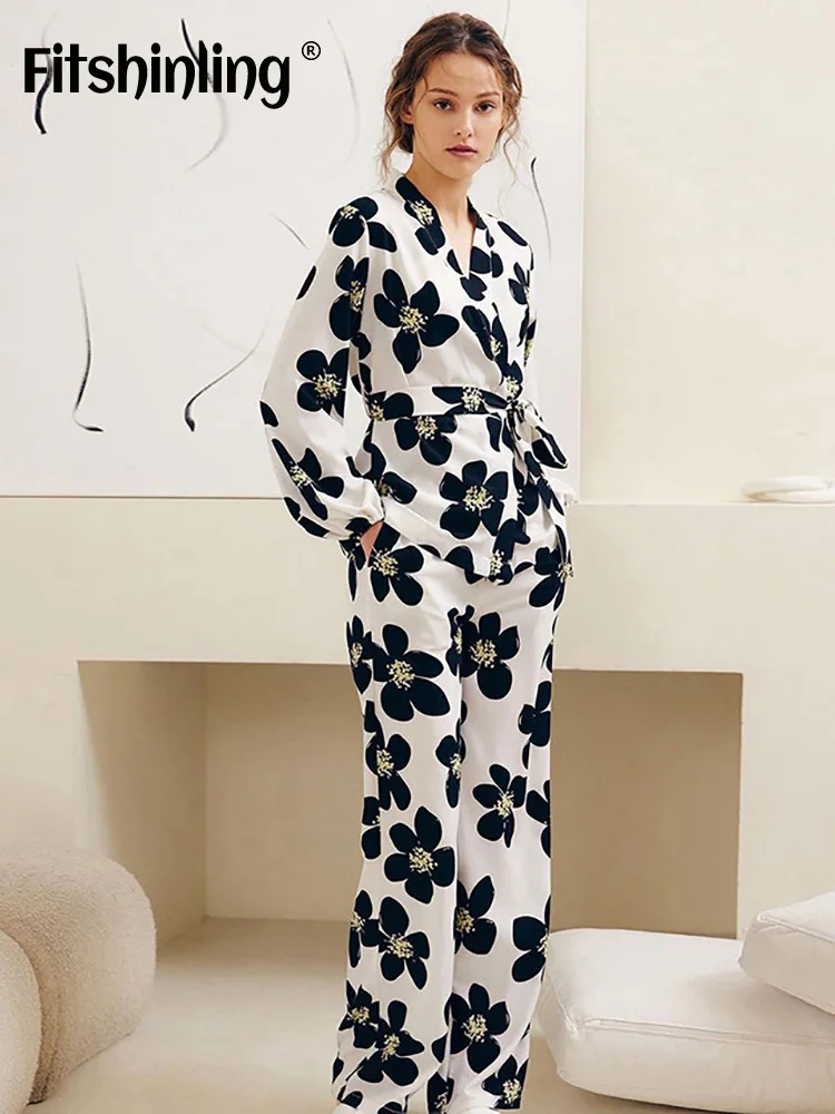 

Fitshinling Floral Sleepwear Pajamas Long Sleeve Button Set Woman 2 Pieces Summer Printing Trousers Outfits Home Clothing Satin
