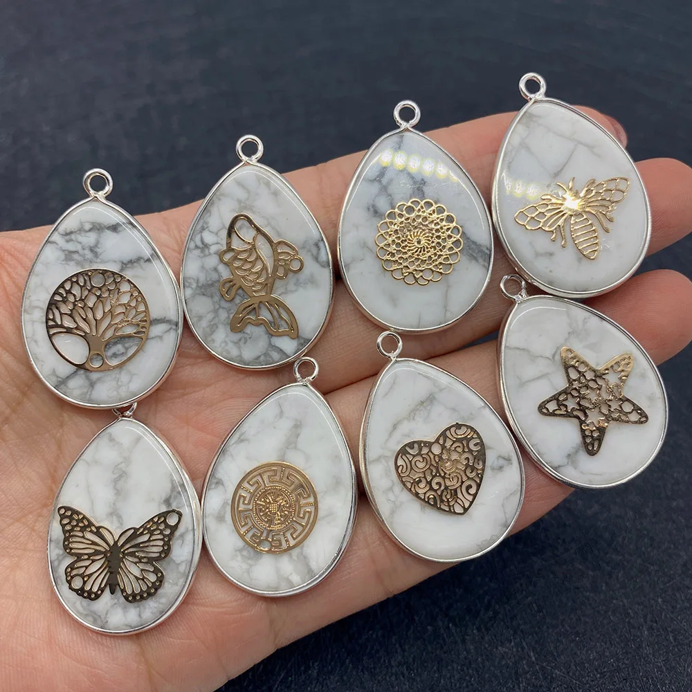 

Natural Stone Drop Shape White Stone Pendant 26x35mm Butterfly Bee Patch DIY Men and Women Charm Necklace Earring Accessorie