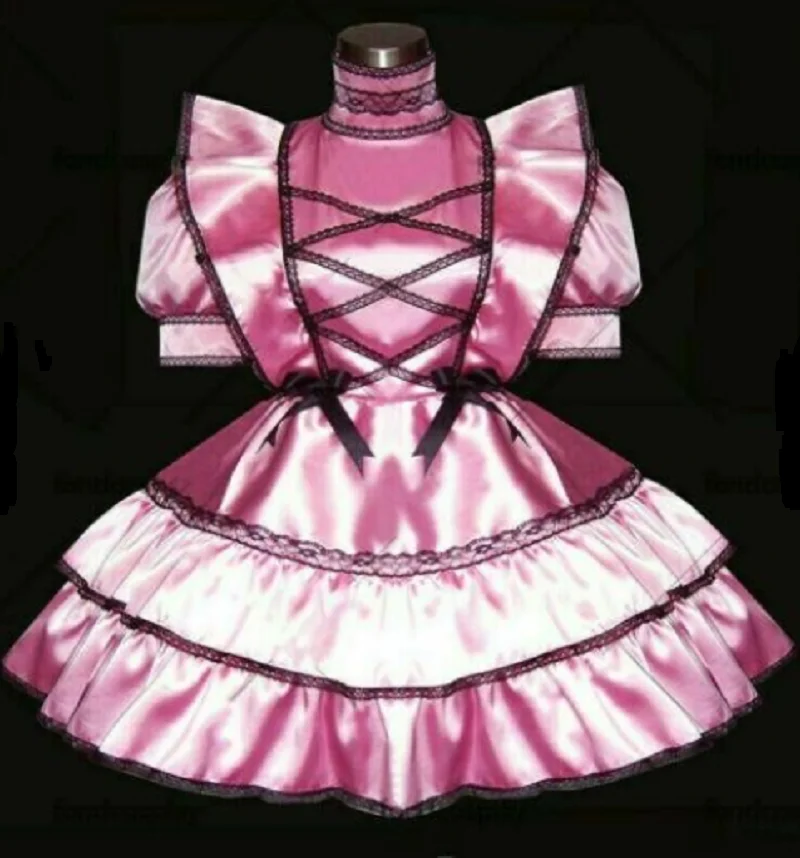 

Sissy Maid Satin Pink Dress Lockable Uniform Role Play Suit Customization