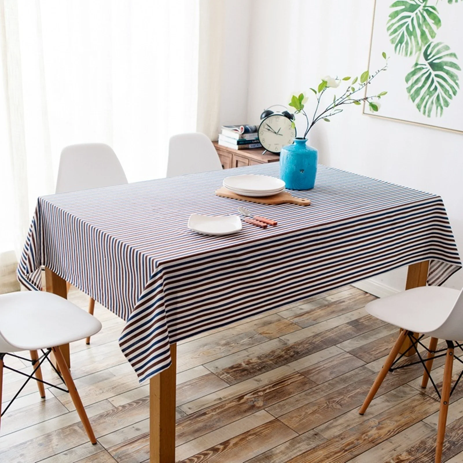 

Cotton Tablecloths, Waterproof Table Covers Stripe Blue White Dining Table Coffee Table Deco