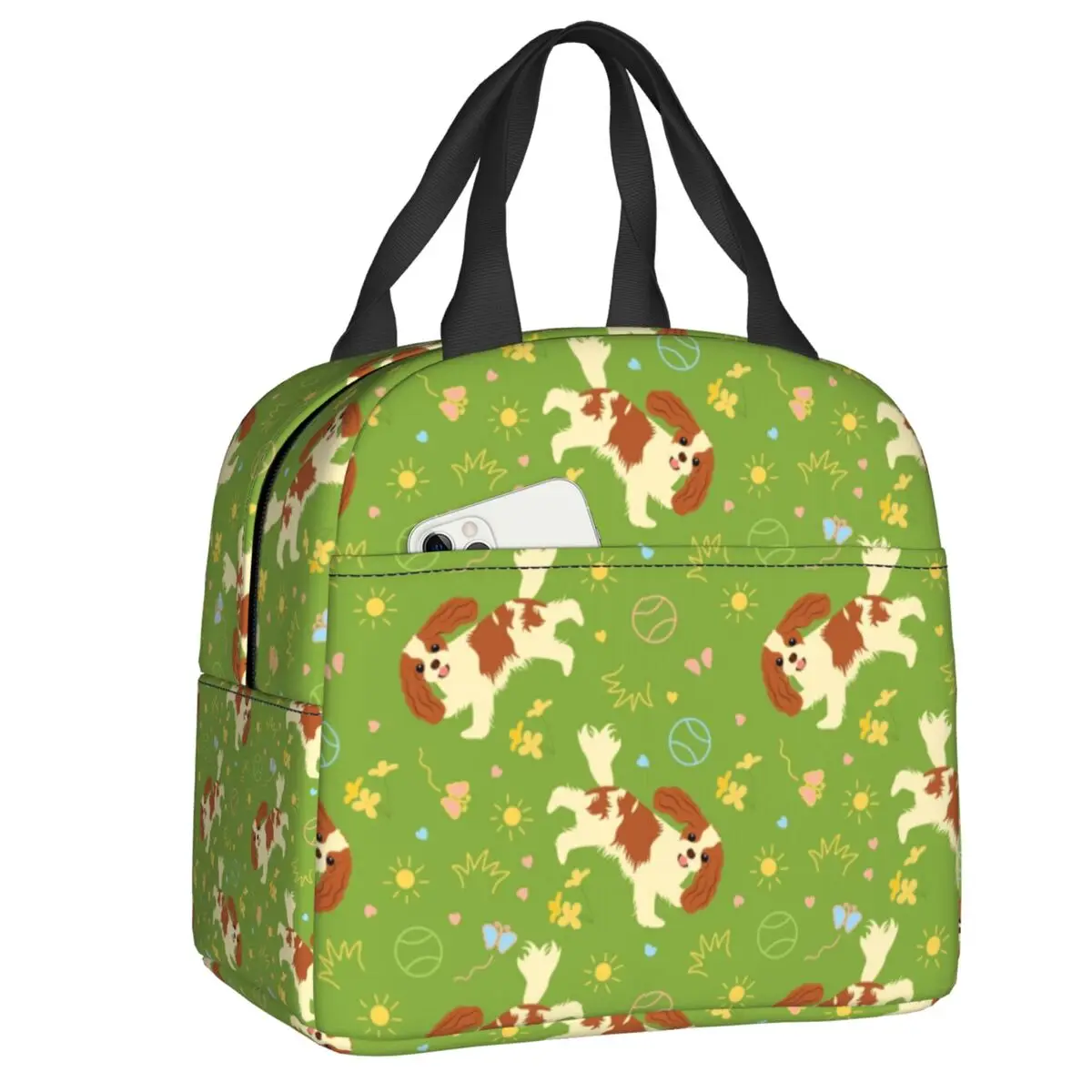 

A Playing Cavalier King Charles Spaniel Insulated Lunch Bag Women Lunch Container for Outdoor Camping Travel Storage Food Box
