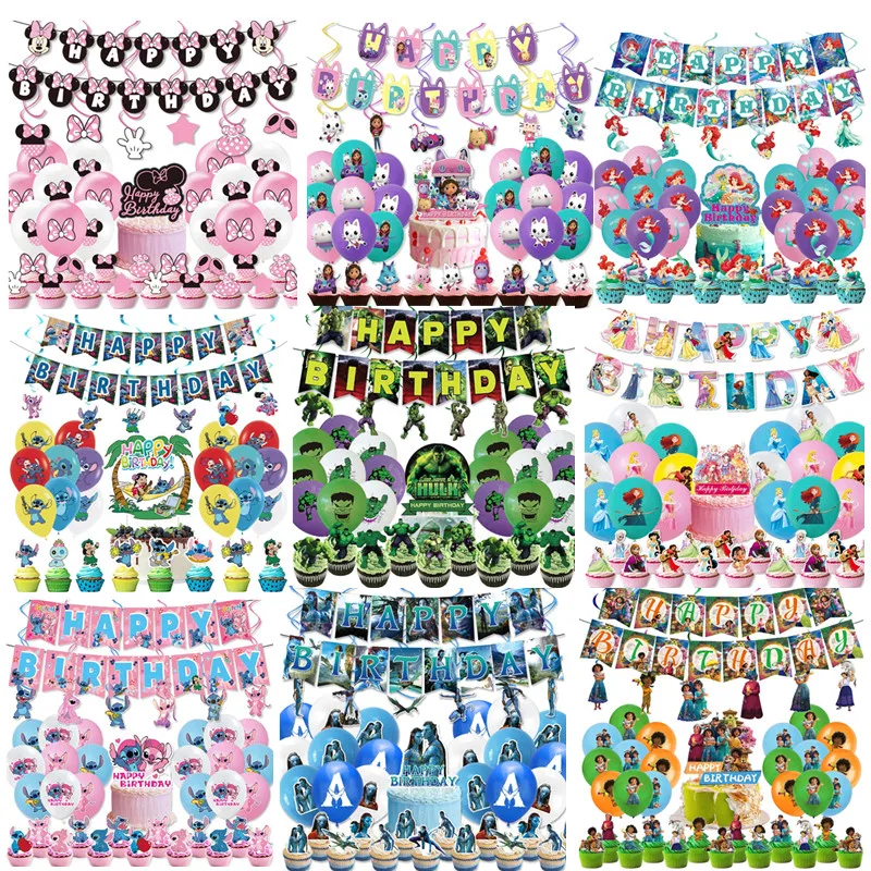 

Disney Princess Stitch Gaby Minnie Theme Paper Banner Ballon Cake Flag ceiling Decoration set Birthday Party Party Supplies