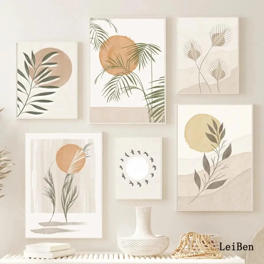 

Nature Bamboo Leaf Sun Bird Abstract Wall Art Canvas Painting Nordic Boho Posters and Prints Wall Pictures for Living Room Decor