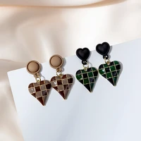 925 silver needle new product contrasting checkered square heart earrings female metal long peach heart earrings for women 2020