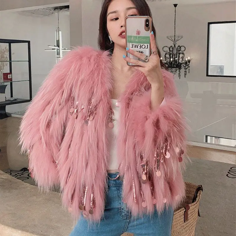 2022 Winter Coat Women New Women Fake Fur Slim Coat Casual Sequined Fringed Fashion Jacket  Faux Fur Elegant Coatswear H74