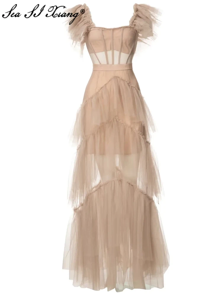 

Женское летнее Сетчатое платье с квадратным вырезом и оборками