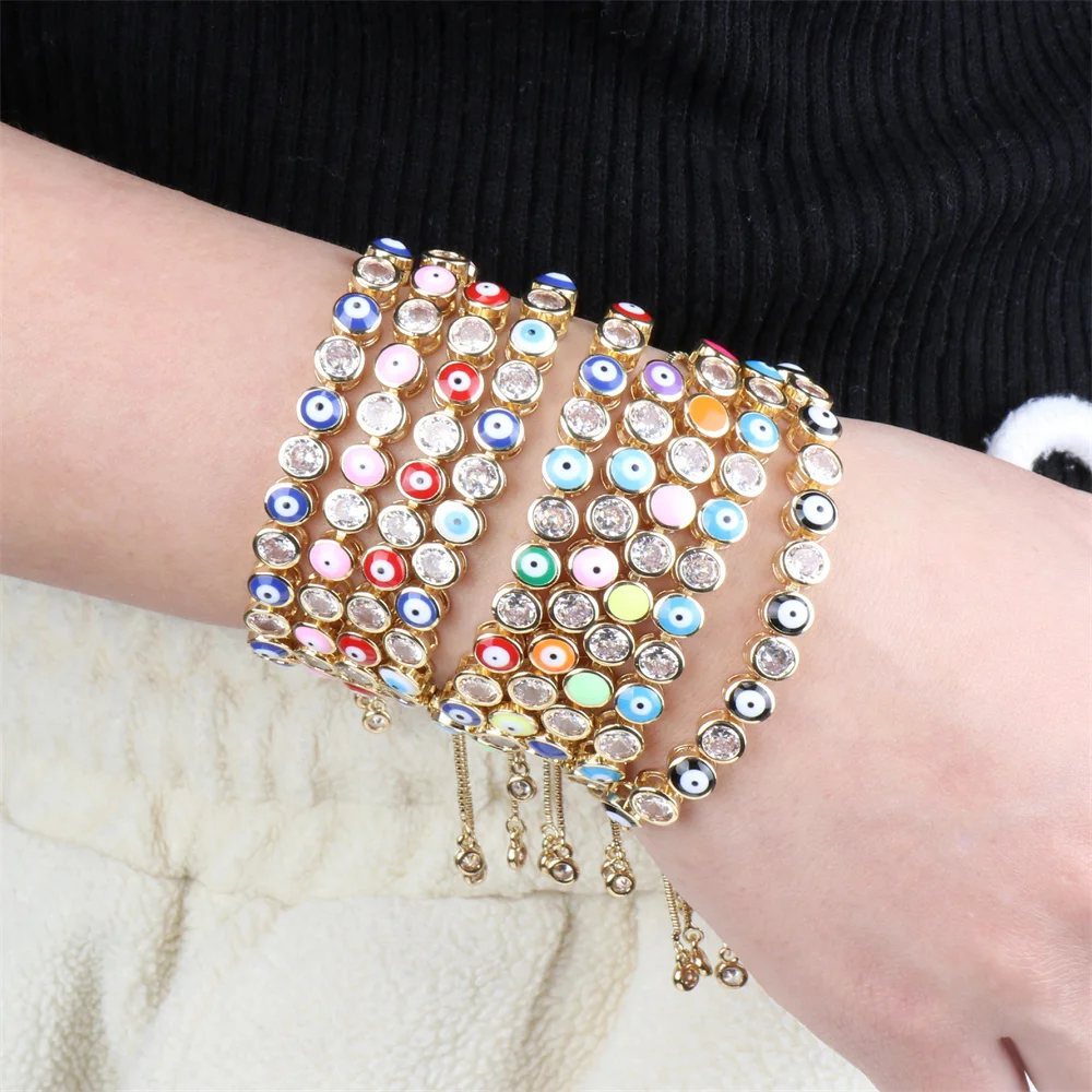 

Fashion High-quality Copper Gold Plated Box Chain Bracelets Evil Eye Enamel Bead Bracelet For Women Turkish Eye Zircon Jewelry