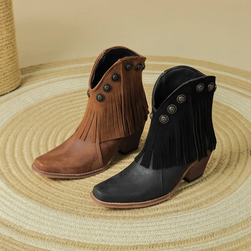 Женские ботильоны ASILETO с кисточками на каблуке 7 см ковбойские ботинки без