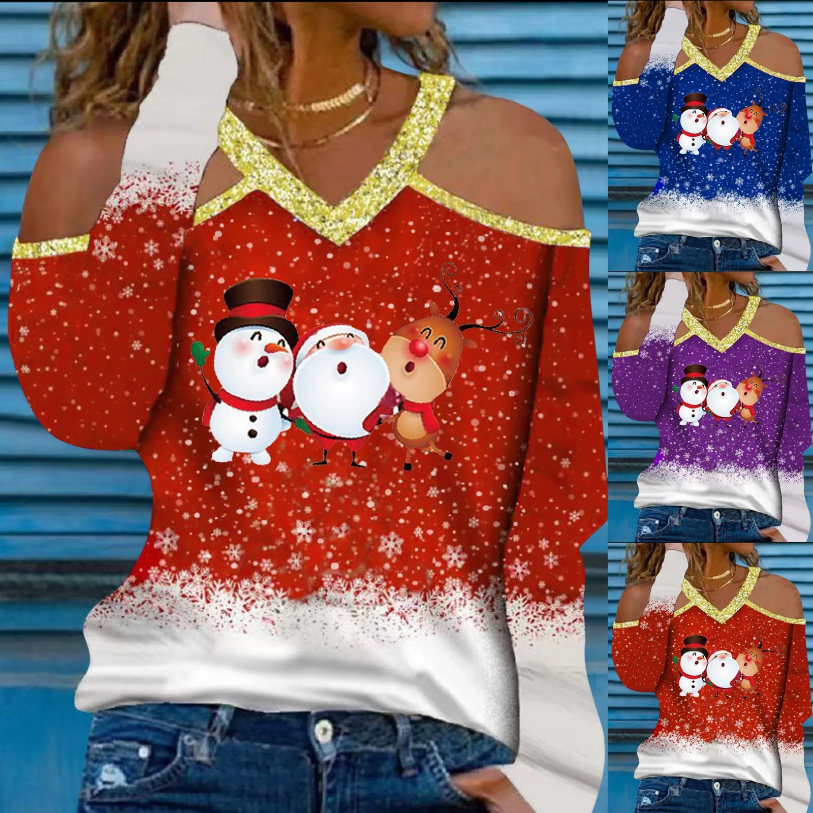 

Women Casual Top Blouse V-neck Christmas Snowman Print Long Sleeve Blouses Pullover Shirt Cold Shirts for Women Long Sleeve