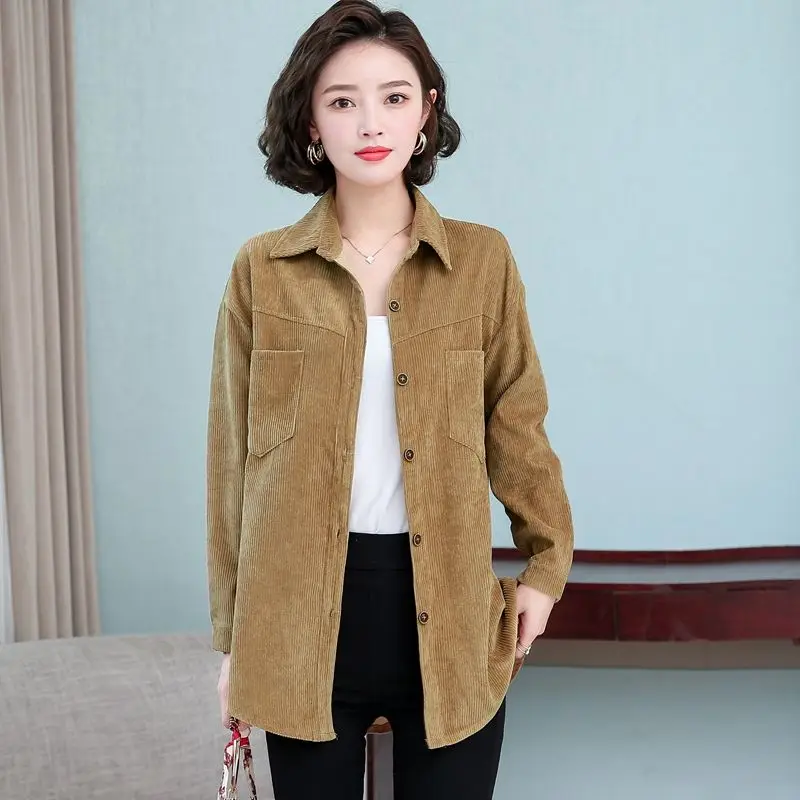 

2023 Spring Autumn Corduroy Long Sleeved Shirt for Women Mid Length Korean Style Clothing Fashion New in External Clothes Top