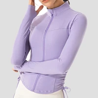 drawstring design fitness women jacket long sleeve training sports shirt quick dry jogging crop top workout zipper sportswear