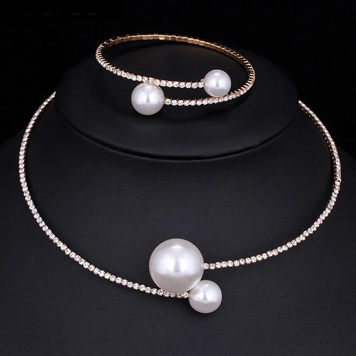 

Fashion Women Simple Simulated Pearl Bridal Jewelry Sets Crystal Wedding Necklace+Bracelet Set TT@88