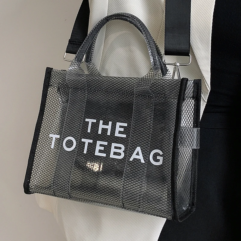 2023 Female Mesh Tote Bag Black Transparent Waterproof Summer Beach Women's Handbag Letter Print Ladies PVC Jelly Shoulder Bags