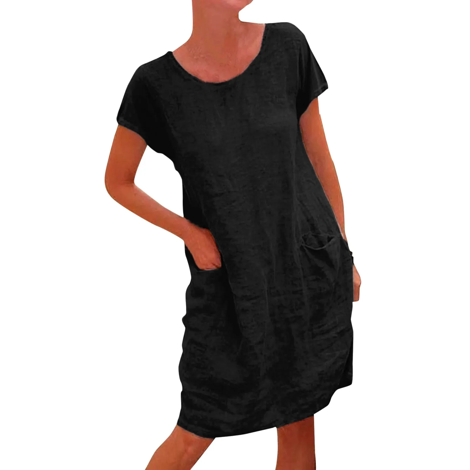 

Женское повседневное однотонное платье до колен, с круглым вырезом и карманами