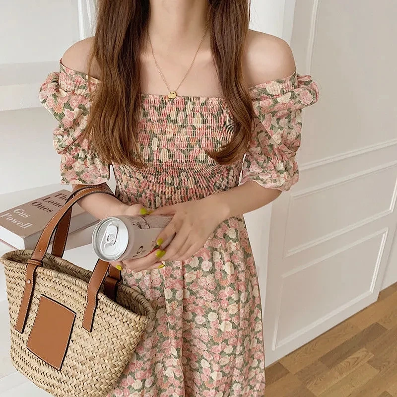 

Women Party Dress Spring Summer Korean Fashion Retro Floral Print Square Collar Dresses Y2k Puff Sleeve Chiffon Long Dress