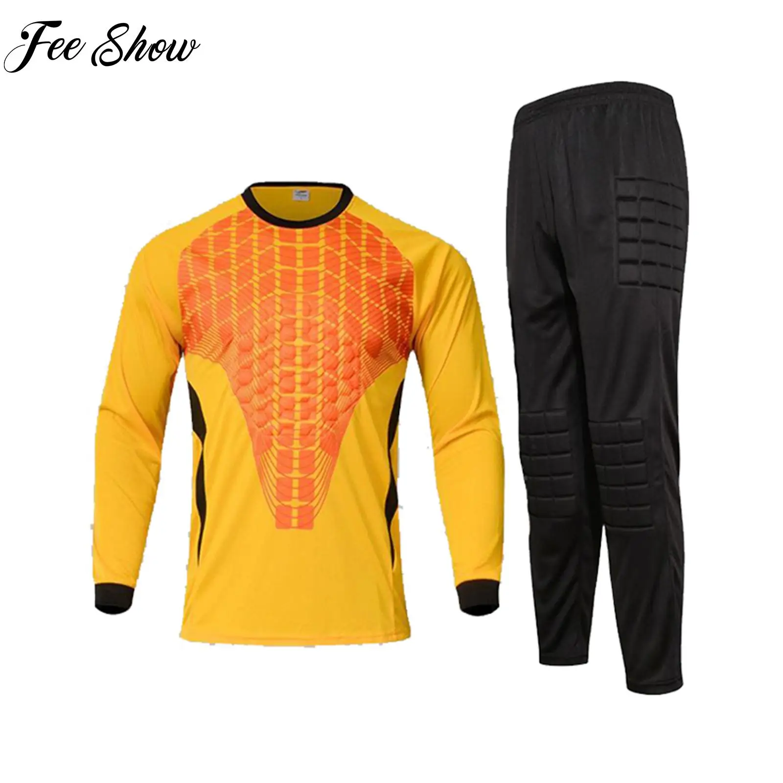 

Men Football Soccer Goalkeeper Suit Jersey and Pants Sets Round Neck Long Sleeve Patchwork Top with Elastic Waistband Long Pants
