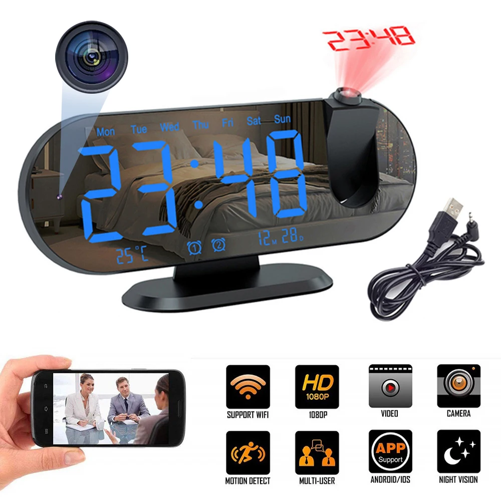 Wifi Micro Camera Recorder Security Surveillance Cam Night Vision Motion Detect Camcorder LED Digital Alarm Clock Time Projector