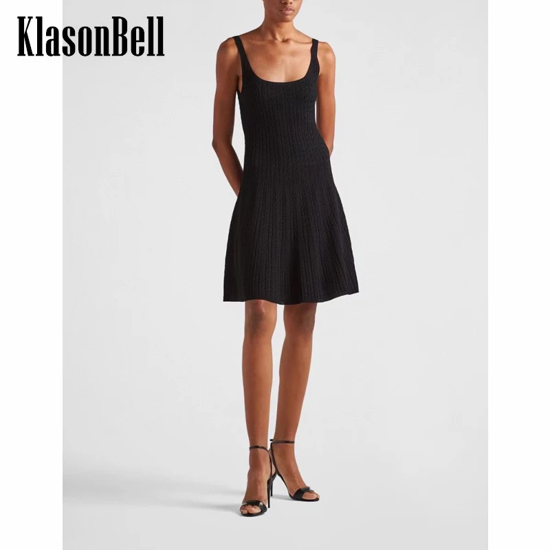 

12,30 KlasonBell модное сексуальное платье с открытой спиной жаккардовая подвеска без рукавов шерстяное трикотажное расклешенное платье для женщ...