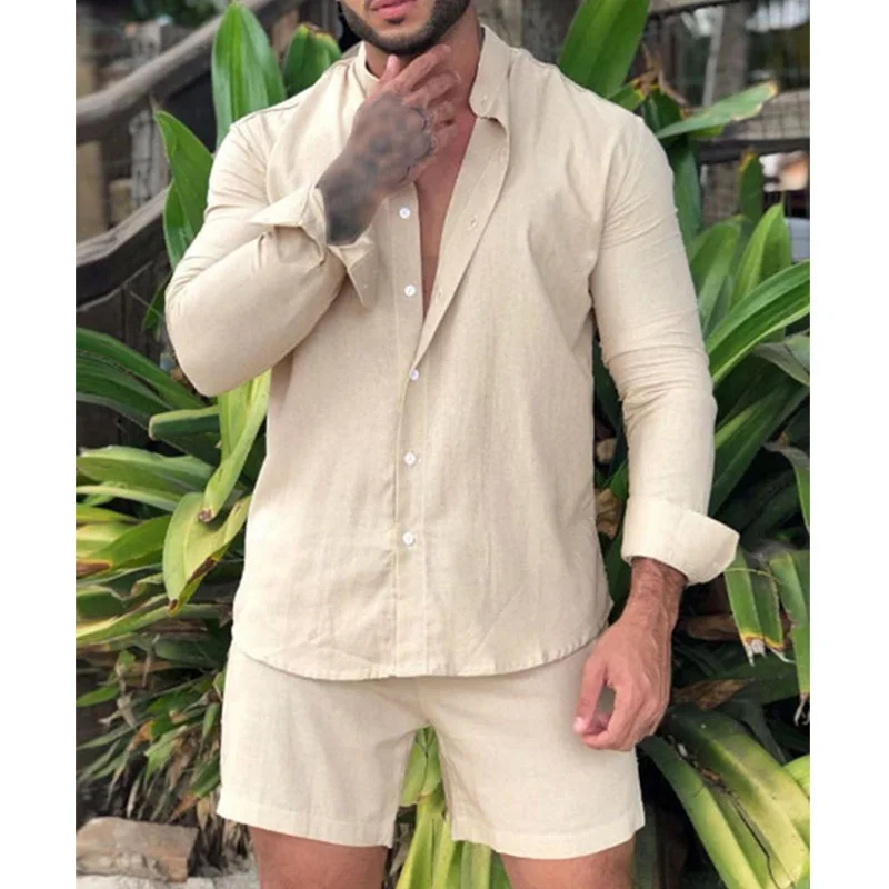 

Summer Men Hawaiian Sets Beach Long Sleeve Stand Collar Shirt Board Shorts 2 Pieces Streetwear Imitation Cotton Linen Men Sets