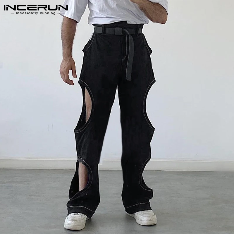 

INCERUN Solid Color Men Pants Hollow Out Personality Sexy Streetwear Joggers Casual Trousers Men 2022 Loose Fashion Pantalon 5XL