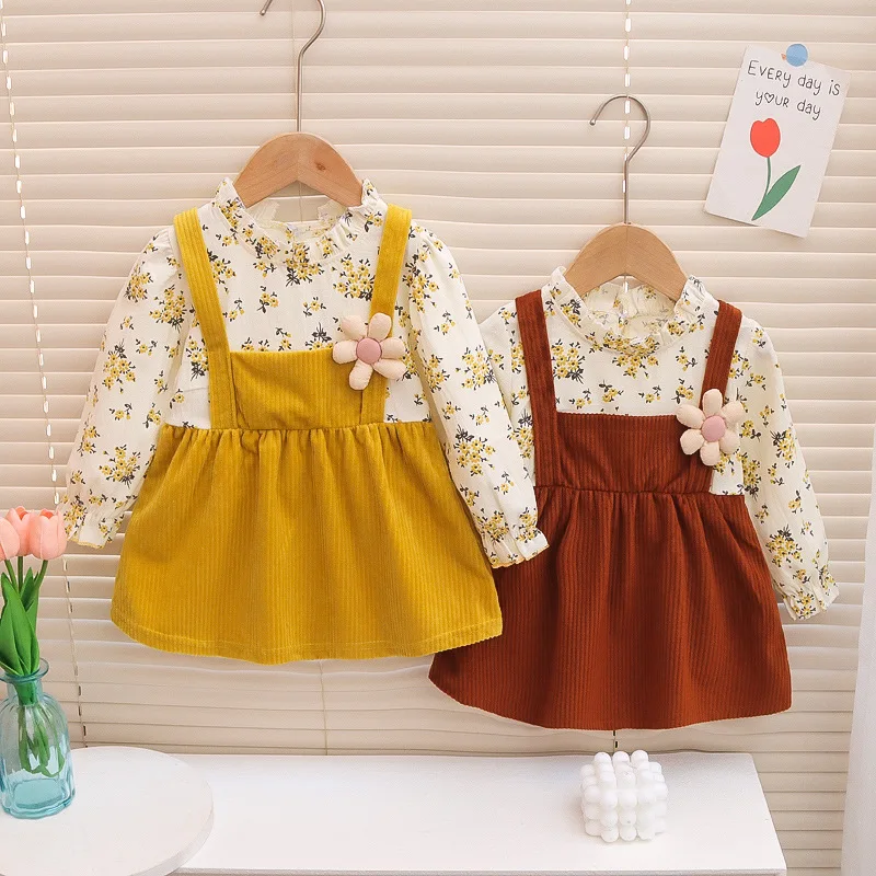 

2023 Autumn Girls Long Sleeve Fake Two Pieces Dress Cute Design