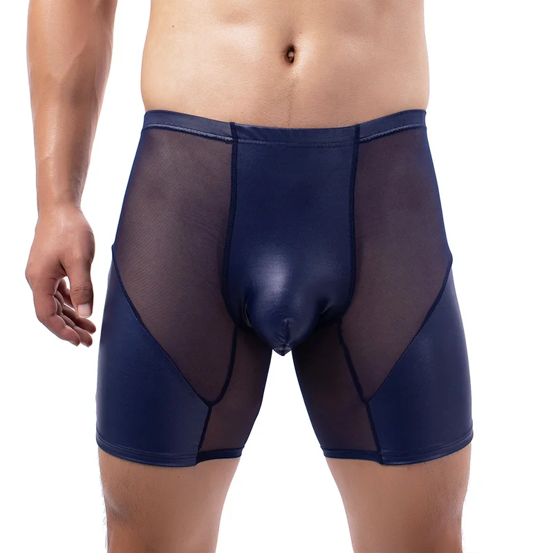 

CLEVER-MENMODE Sexy Men's Faux Leather Underpants Gay Leather Mesh Breathable Pants Casual Sports Shorts
