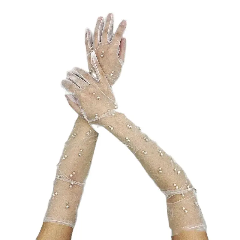 

Extra Long Lace Pearl Chiffon Glove Tulle Summer Mesh Anti-uv Party Wedding Fingerless Marriage Bride Women Vintage Party Glove