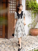 mishow dresses for women 2022 french doll collar puff sleeve printed aline vestido office lady elegant mid long dress mxb25l0933