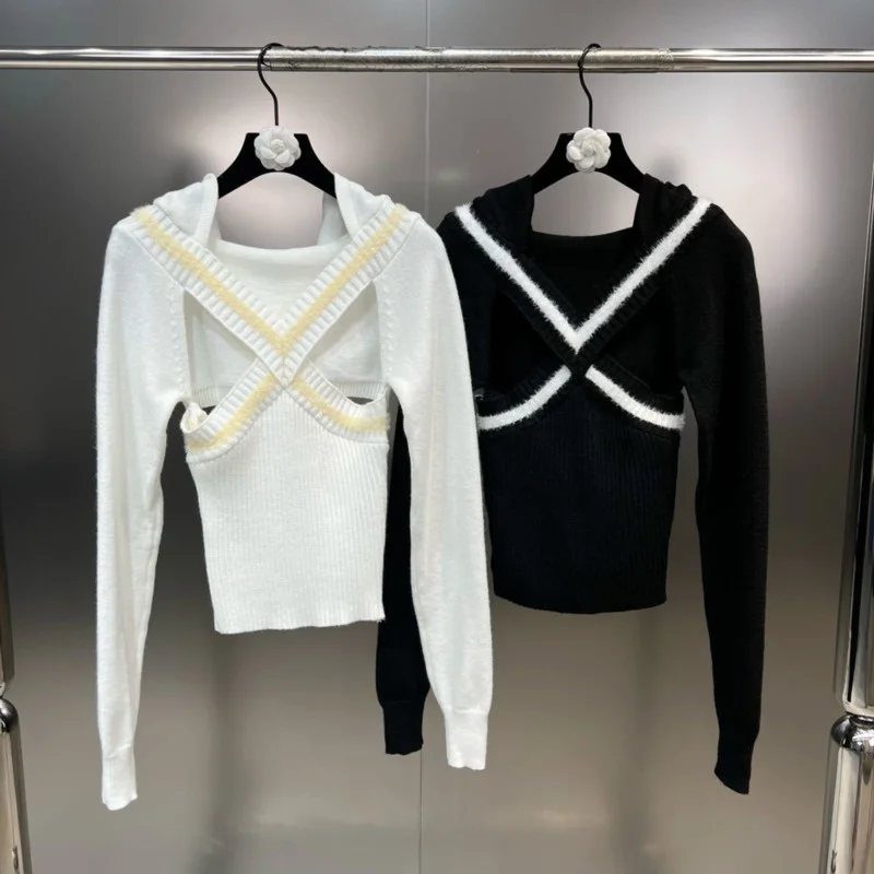 

BORVEMAYS 2023 Spring New Fashion Trend Knitting Sweater Pullovers Hooded Collar Long Sleeve Patchwork Hollow Out Sexy Tops