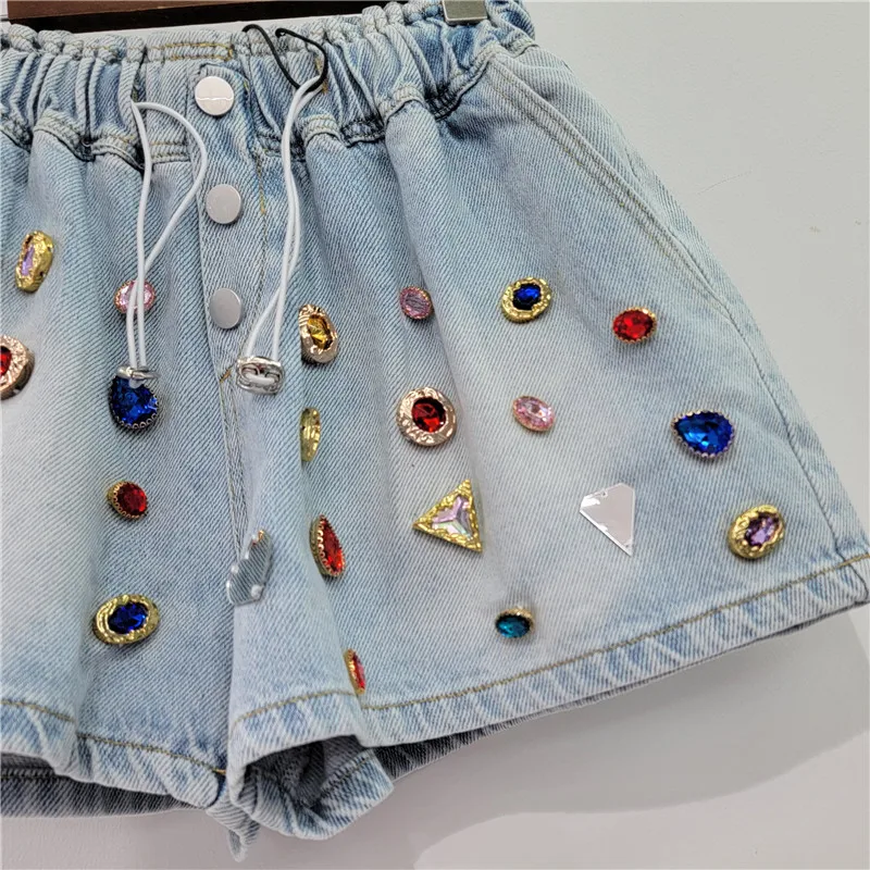 Heavy Color Diamond Denim Shorts for Women Elastic High Waist Loose Slimming Wide Leg Jeans Shorts 2023 New Summer Short Femme