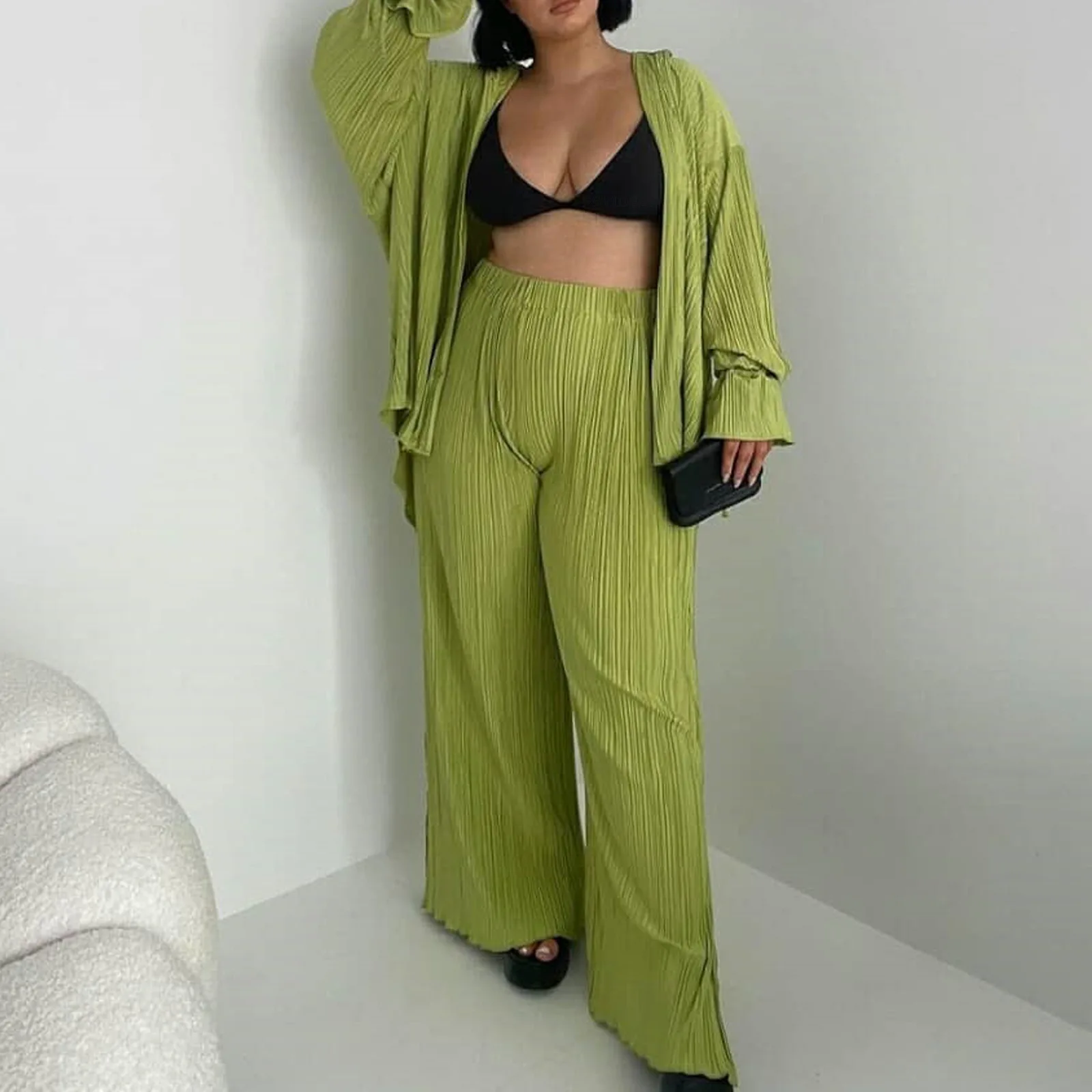 

2022 Autumn Casual Fashion 2 Piece Set Ladies Pleated Women's Tracksuit Suit Long Sleeve Shirt Wide-leg Pants Female Suit Loose