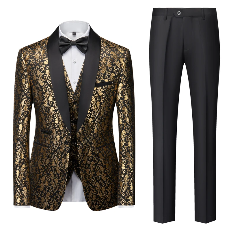 

(Blazer+Vest+Pant) Printing Mens Suits 3 Piece Shawl Lapel Casual Tuxedos for Wedding Groomsmen Suits Men Blazers 4XL 5XL