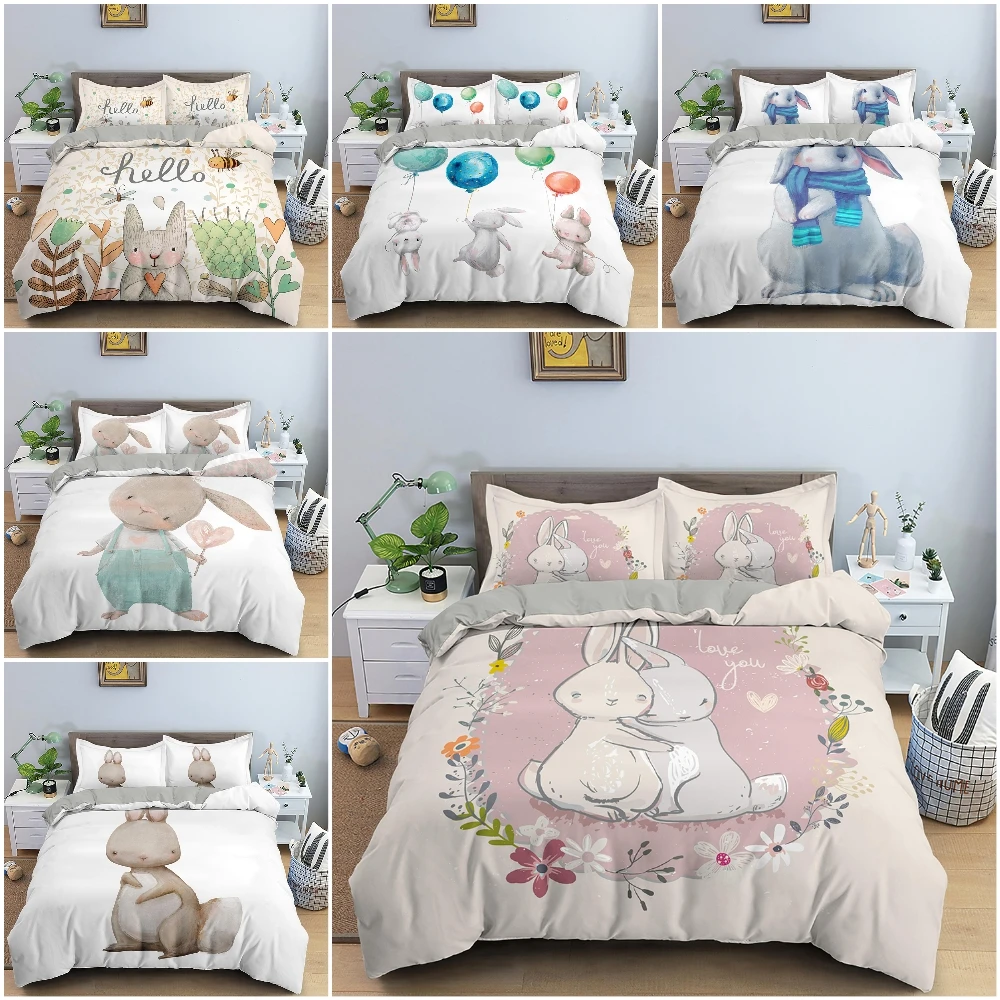 

Cute Rabbit Printed Bedding Set Duvet Cover Queen For Kids Children Quilt Cover 2/3Pcs Comforter Bedding Sets