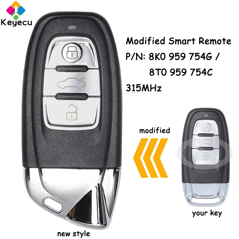 

KEYECU Modified Smart Remote Car Key With 3 Buttons 315MHz for Audi A4 S4 A5 S5 RS5 Q5 Quattro Fob 8T0 959 754C, 8K0 959 754G