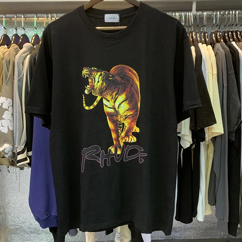 

Rhude T-shirt American High Street Tiger Print Summer Cotton Breathable Short Sleeve T Shirt Men Women Couples Top Tee