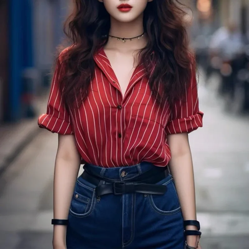 Шикарная красная полосатая рубашка с короткими рукавами для женщин новинка 2024