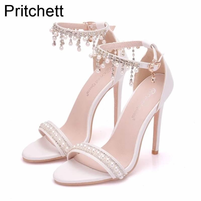 

White Rhinestone One-word High-heeled Shoes 2023 Open-toed Breathable Stiletto Sandals Banquet Elegant Plus-size Women's Shoes