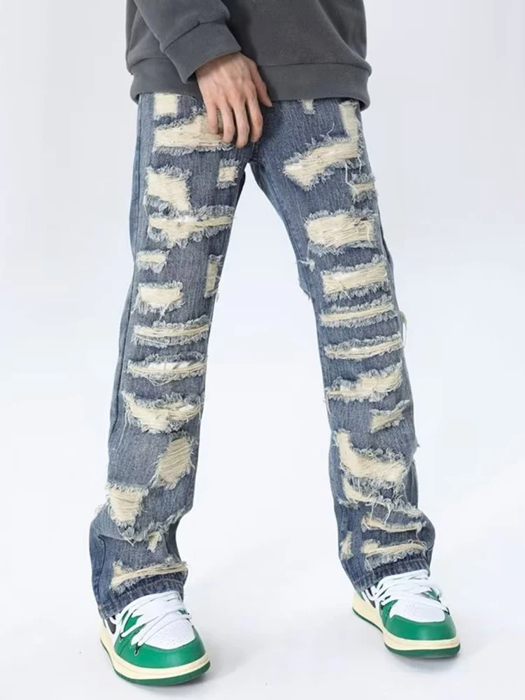 Vintage Ripped Men's Jeans with Baggy Loose Fit and Streetwear Style Hip Hop Style Men's Loose Baggy Jeans