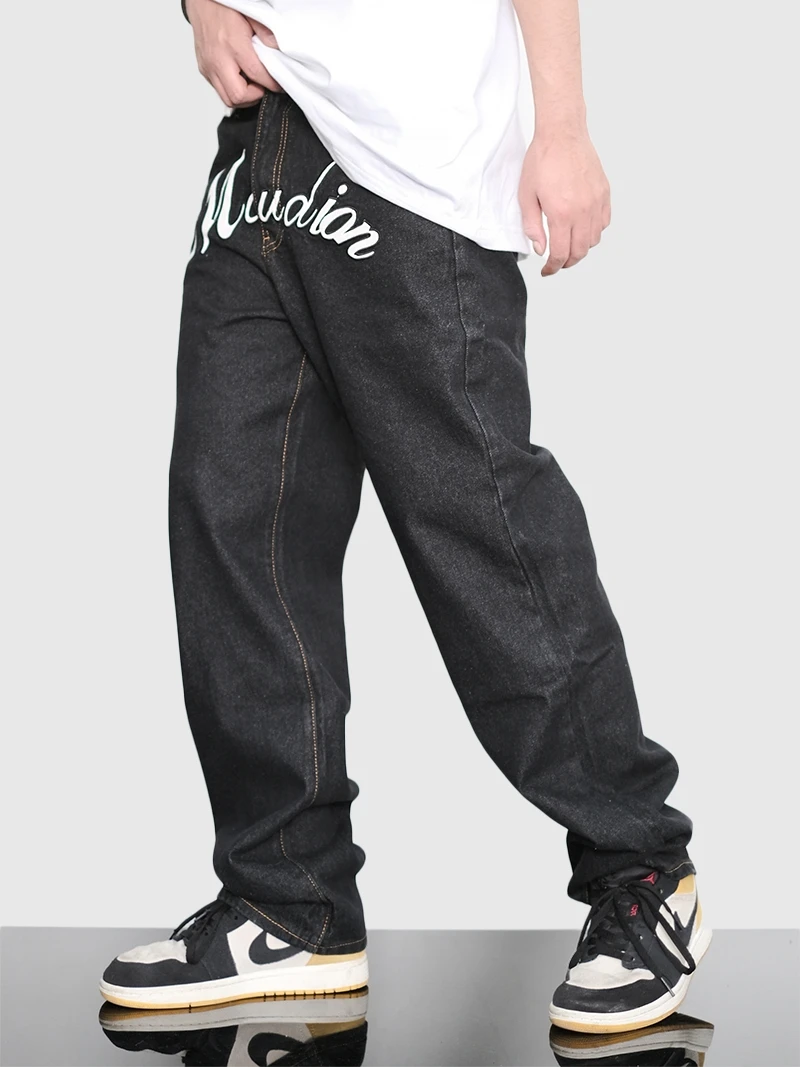 Four Seasons Men's Embroidered Letter Patchwork Washed Jeans Street Fashion Brand Loose Straight Pants Streetwear Ins Hot Sale
