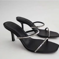 womens summer sandals square toe female rhinestone slippers women thin heel fashion pumps elegant sandalias mujer black 41 42