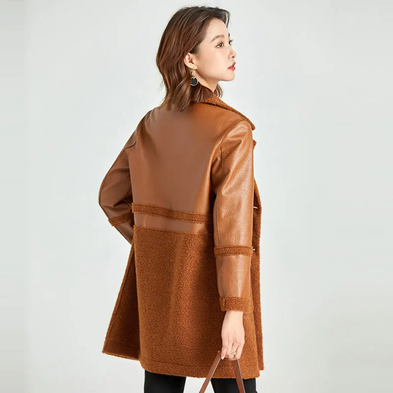 Women Faux Lambskin Leather Coats Plus Size Winter Overcoat Windbreaker Outerwear Plus Velvet Thickened Wool Fur Jacket Ladies