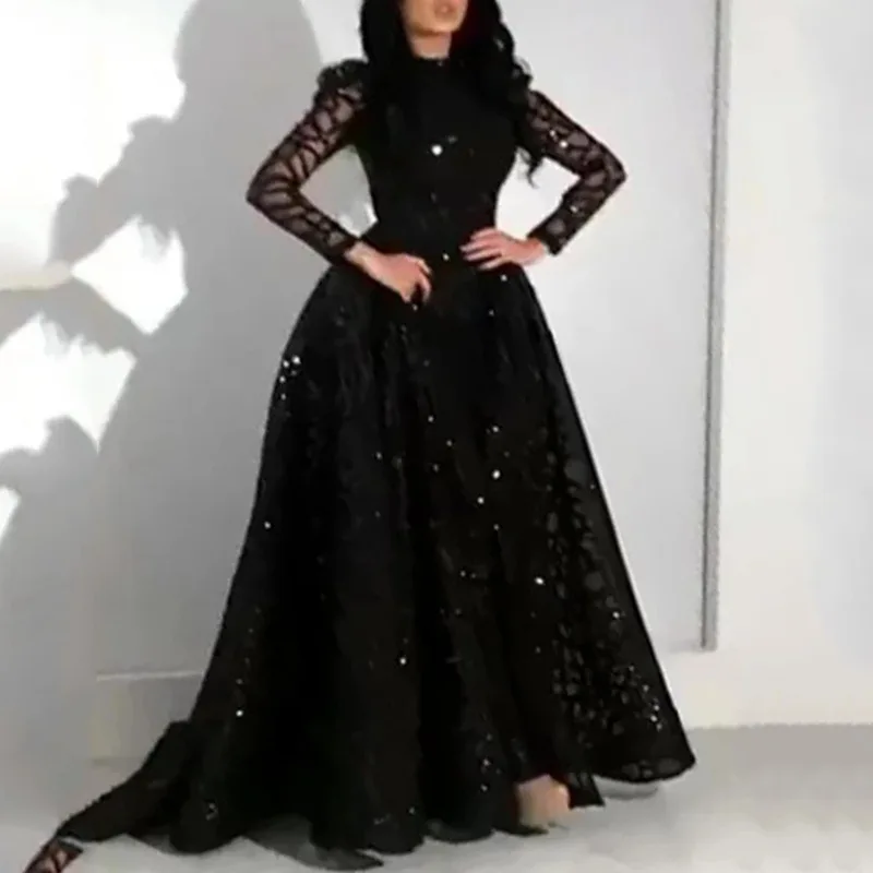 2023New Design Ladies Lace Evening Gown Black Sequin Ball Gown Elegant Long-sleeved Evening Dress Wedding Bridesmaid Guest Dress