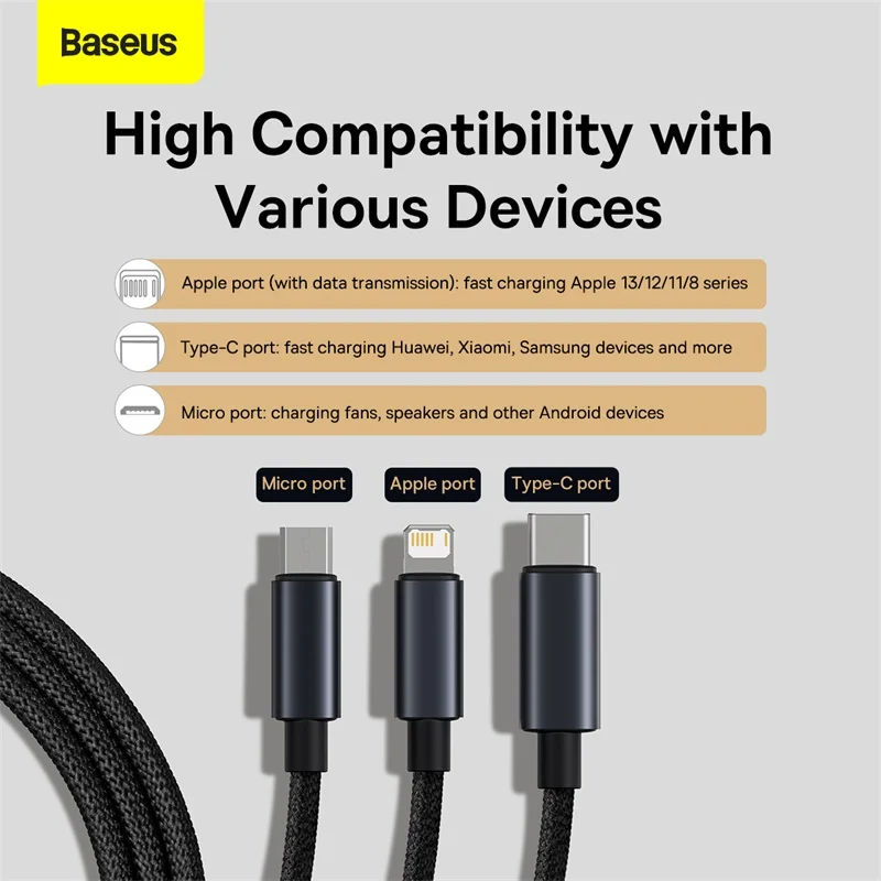 Кабель USB Baseus 3 в 1 кабель типа C для Samsung Xiaomi Mi 9 Huawei iPhone 13 12 11 зарядное устройство