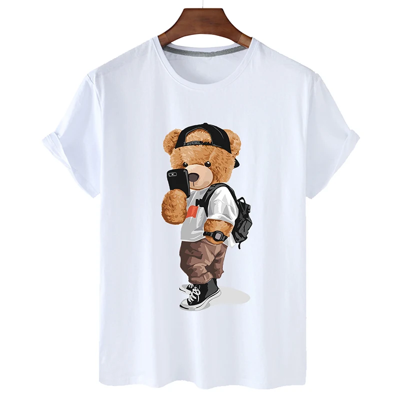 

High-quality Street Selfie Bear Print Cotton Short-sleeved O-neck Loose Casual Top T-shirt Female Oversized T-shirt Couple 2XL